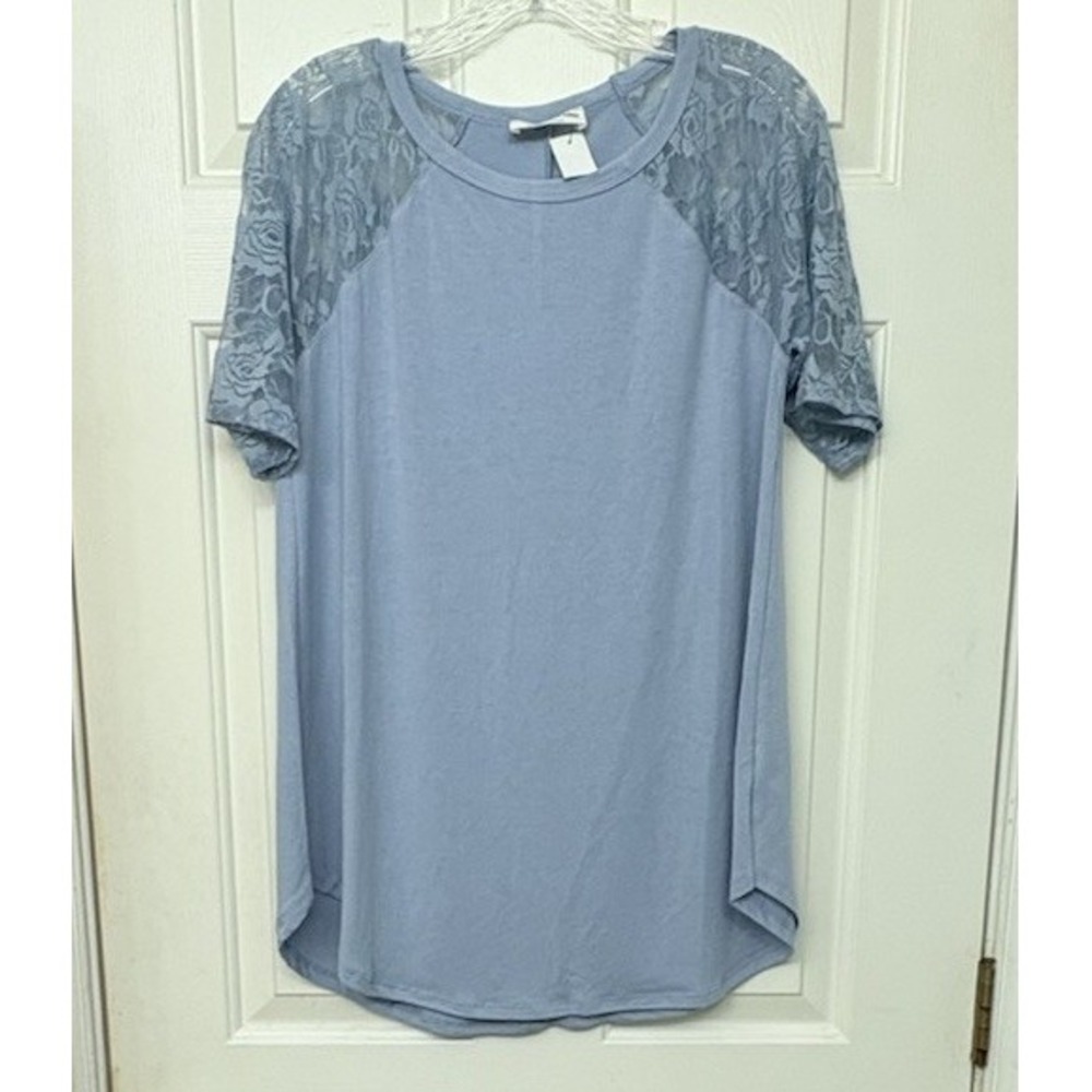 Zenana Blouse XL Extra Large Dusty Blue Lace Raglan Sleeve top Curved Hem NWT